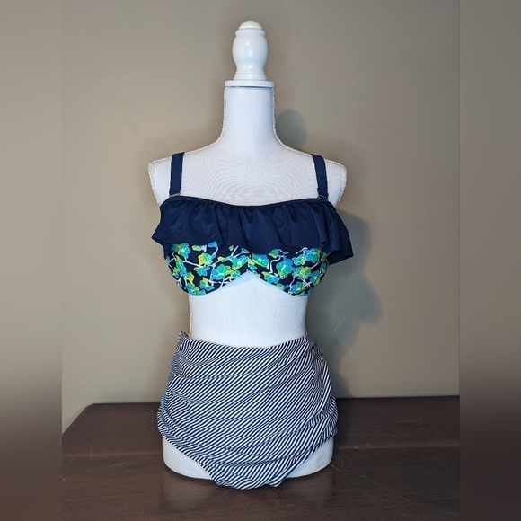 Other - FULL COVERAGE floral ruffle top navy High Waisted BIKINI 2piece swim suit